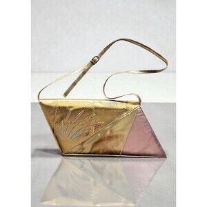 Vintage 80s Metallic Gold Asymmetrical Shoulder Bag Luisa Spagnoli LS Paris Roma